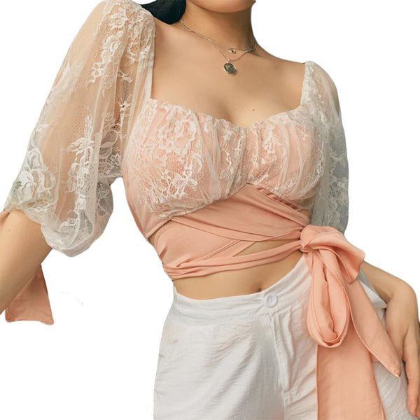 Sweet Female Street Romance Soft Blouse T Shirt   Girl Lace Patchwork Bandage Tees Crop Top Harajuku Party Club Elegant Top
