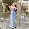 Sweet Heart Hollow Out Lace Stitching Ripped Wide Leg Jeans Korean Asymmetric Women Denim Pants Kawaii Cute High Waist Trousers