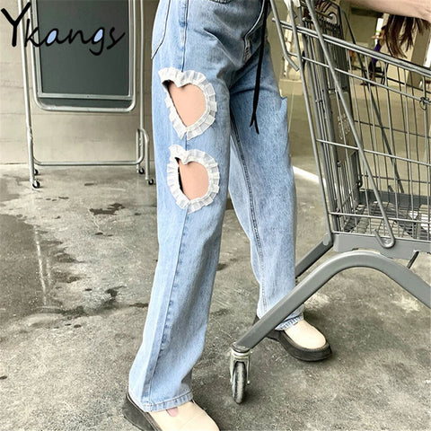 Sweet Heart Hollow Out Lace Stitching Ripped Wide Leg Jeans Korean Asymmetric Women Denim Pants Kawaii Cute High Waist Trousers