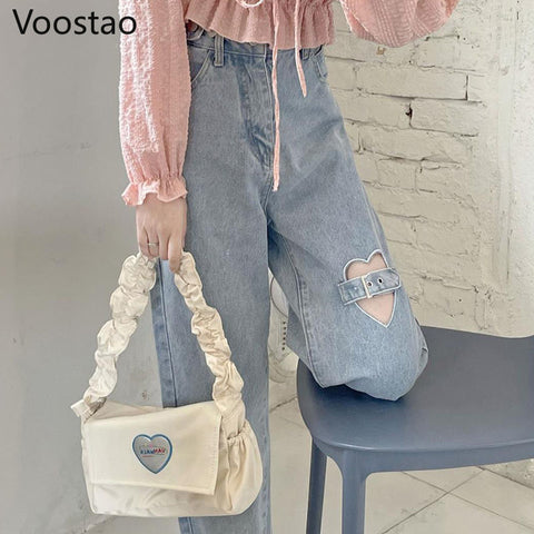Sweet High Waist Blue Denim Pants Women Chic Love Hearts Hollow Out Wide Leg Pants Jeans Female Harajuku Y2K Straight Trousers