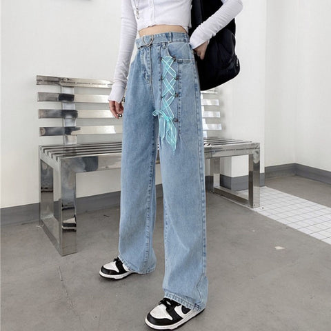 Sweet High Waist Jeans Women Chic Bandage Straight Denim Pants Kawaii Streetwear Loose Trousers Female Wide Leg Jeans With Belt
