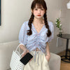 Sweet Puff Sleeve Casual Blouse V Collar Slim Fit Korean Style Women Shirt Short Sleeve Summer Clothing 2023