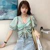 Sweet Puff Sleeve Casual Blouse V Collar Slim Fit Korean Style Women Shirt Short Sleeve Summer Clothing 2023