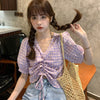 Sweet Puff Sleeve Casual Blouse V Collar Slim Fit Korean Style Women Shirt Short Sleeve Summer Clothing 2023
