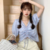 Sweet Puff Sleeve Casual Blouse V Collar Slim Fit Korean Style Women Shirt Short Sleeve Summer Clothing 2023