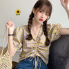 Sweet Puff Sleeve Casual Blouse V Collar Slim Fit Korean Style Women Shirt Short Sleeve Summer Clothing 2023