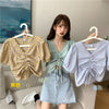 Sweet Puff Sleeve Casual Blouse V Collar Slim Fit Korean Style Women Shirt Short Sleeve Summer Clothing 2023