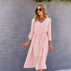 Sweet Summer Dress Pink Elegant V Neck Long Sleeve Midi Dress Holiday Lace-up  Dresses Women Holiday High Waist dress