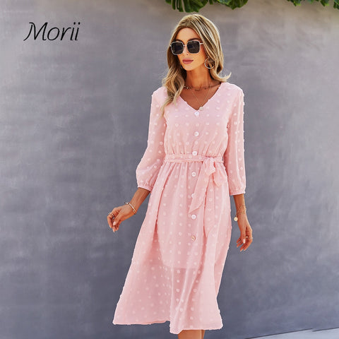Sweet Summer Dress Pink Elegant V Neck Long Sleeve Midi Dress Holiday Lace-up  Dresses Women Holiday High Waist dress