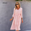 Sweet Summer Dress Pink Elegant V Neck Long Sleeve Midi Dress Holiday Lace-up  Dresses Women Holiday High Waist dress