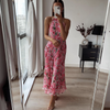 Sweet Woman Pink Halter Print Long Dress 2022 Summer Ladies Backless Beach Dresses Female Stretchy Flower Neck-mounted Dress