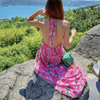 Sweet Woman Pink Halter Print Long Dress 2022 Summer Ladies Backless Beach Dresses Female Stretchy Flower Neck-mounted Dress