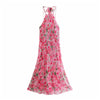 Sweet Woman Pink Halter Print Long Dress 2022 Summer Ladies Backless Beach Dresses Female Stretchy Flower Neck-mounted Dress