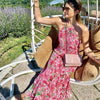 Sweet Woman Pink Halter Print Long Dress 2022 Summer Ladies Backless Beach Dresses Female Stretchy Flower Neck-mounted Dress
