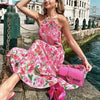 Sweet Woman Pink Halter Print Long Dress 2022 Summer Ladies Backless Beach Dresses Female Stretchy Flower Neck-mounted Dress