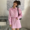 Sweet and playful pink lapel loose long-sleeved shirt + high-waist thin A-line skirt short skirt female