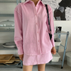 Sweet and playful pink lapel loose long-sleeved shirt + high-waist thin A-line skirt short skirt female