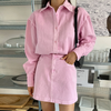 Sweet and playful pink lapel loose long-sleeved shirt + high-waist thin A-line skirt short skirt female