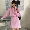 Sweet and playful pink lapel loose long-sleeved shirt + high-waist thin A-line skirt short skirt female
