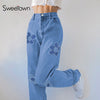 Sweetown 2022 Blue Baggy Straight Jeans Woman Casual High Waist Sweatpants Floral Patches 90s Korean Denim Trousers Harajuku