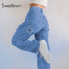 Sweetown 2022 Blue Baggy Straight Jeans Woman Casual High Waist Sweatpants Floral Patches 90s Korean Denim Trousers Harajuku