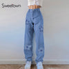 Sweetown 2022 Blue Baggy Straight Jeans Woman Casual High Waist Sweatpants Floral Patches 90s Korean Denim Trousers Harajuku