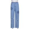 Sweetown 2022 Blue Baggy Straight Jeans Woman Casual High Waist Sweatpants Floral Patches 90s Korean Denim Trousers Harajuku