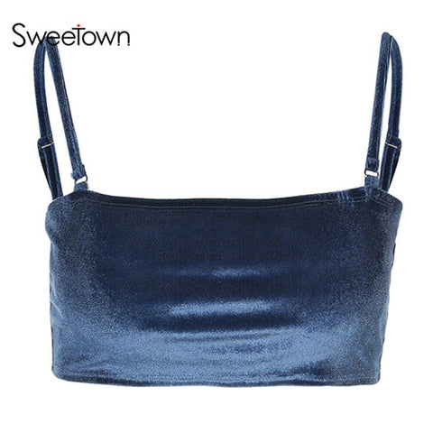 Basic Knitted Velvet Crop Tops Blue Short Camis Slim Fit Sexy Sleeveless Straps Stretchy Shirts Female Blouse Blusas