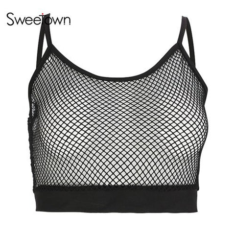 Black Hot Mesh See Through Crop Top Women White Perspective Tank Top Sexy Summer Bralette Cropped Halter Crochet Tops
