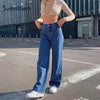Sweetown Blue 90s Aesthetic Baggy Jeans Women Plaid Pattern Vintage Streetwear Straight Pants Pockets Mid Waist Denim Trousers