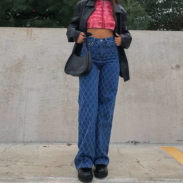 Sweetown Blue 90s Aesthetic Baggy Jeans Women Plaid Pattern Vintage Streetwear Straight Pants Pockets Mid Waist Denim Trousers