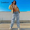 Sweetown Blue Baggy Mom Jeans Women Korean Harajuku Streetwear Cargo Pants Front Big Pockets Low Waist Denim Trousers