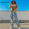 Sweetown Blue Baggy Mom Jeans Women Korean Harajuku Streetwear Cargo Pants Front Big Pockets Low Waist Denim Trousers