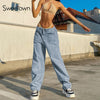 Sweetown Blue Baggy Mom Jeans Women Korean Harajuku Streetwear Cargo Pants Front Big Pockets Low Waist Denim Trousers