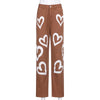Sweetown Brown Baggy E Girl Jeans Women Heart Print Aesthetic Vintage 90s Streetwear Denim Trousers Low Waist Straight Pants