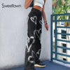 Sweetown Brown Baggy E Girl Jeans Women Heart Print Aesthetic Vintage 90s Streetwear Denim Trousers Low Waist Straight Pants