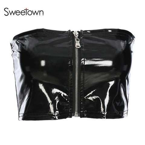 Bustier Camisole Tank Top Women Zipper Summer Style Fitness Clothing 2022 Streetwear Black Leather Cropped Top Female