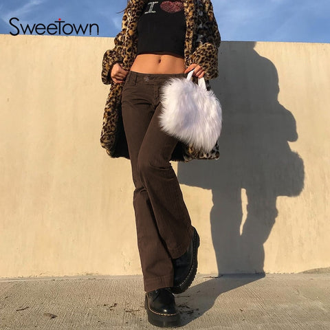 Sweetown Low Waist Vintage Brown Jeans Women Aesthetic Streetwear E Girl Joggers Cotton Preppy Style Straight Trousers 90s