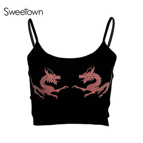Women Sexy Crop Camisole 2022 Cropped Feminino Double Dragon Print Tops Sleeveless Feminino Bralette Fashion Camis