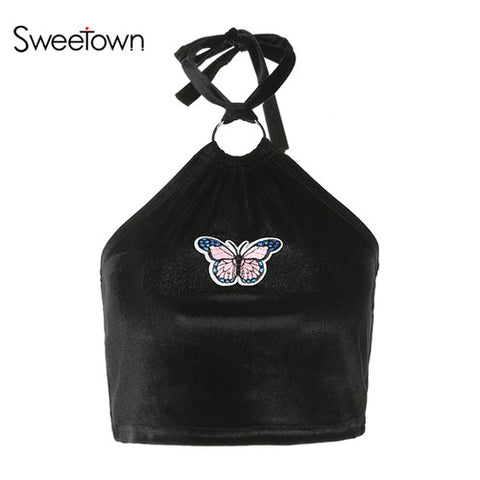 Women Sexy Crop Camisole 2022 Cropped Feminino Tops Butterfly Applique Black Sleeveless Feminino Bralette Summer Camis