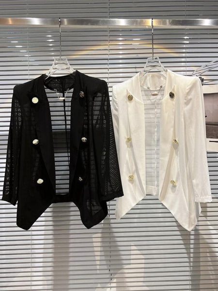 Swest 2023 Designer Jacket Women's Double Row Metal Ietter Buttons Perspective Gauze Short Blazer Trendy Black Clothing G863