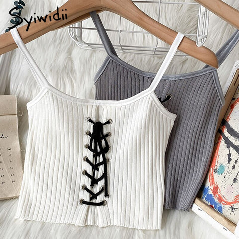 Syiwidii Bandage Camis Women Screw Thread Casual Top Short Knitted Solid White Tank Top Summer 2022 Fashion New Lace Up Clothing