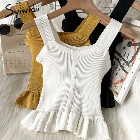 Syiwidii Button Camis Women Screw Thread Casual Folds Tops Short Knitted Solid White Tank Tops Summer 2022 Fashion New Clothing