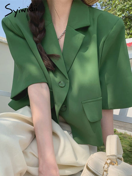 Syiwidii Crop Blazer Women Summer 2023 Short Sleeve Green Jacket Korean Short Tops Casual Office Ladies Black Blazer