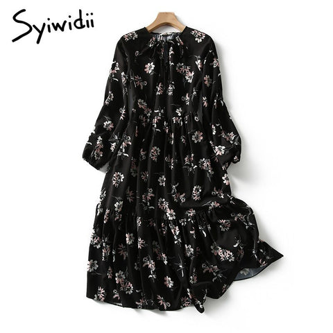 Syiwidii Dress for Women Vintage Floral Print Midi Casual Long Sleeve Spring Summer 2023 Empire Black Elegant Dresses