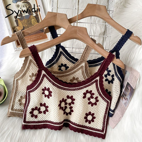 Syiwidii Embroidery Floral Screw Thread Camis Women Casual Sexy Crop Tops Knitted Tank Tops Summer 2022 Fashion New Clothing