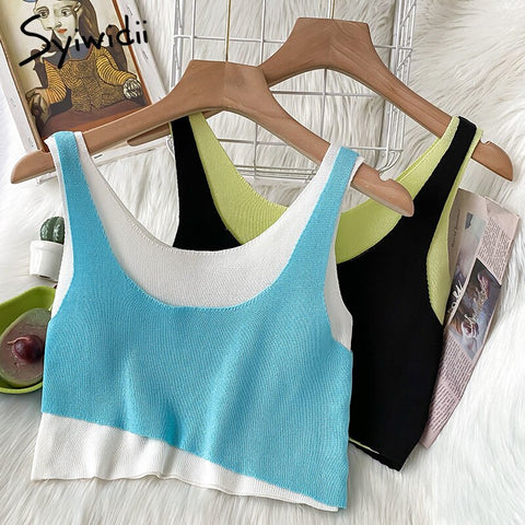 Syiwidii Fake 2 Pieces Screw Thread Camis Women Casual Sexy Patchwork Tops Knitted Tank Tops Summer 2022 Fashion New Clothing