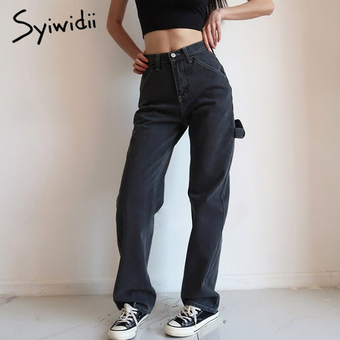 Syiwidii High Waisted Jeans for Women Black Denim Pants Clothes Lace Up Spliced Trousers Straight Vintage Streetwear NEW
