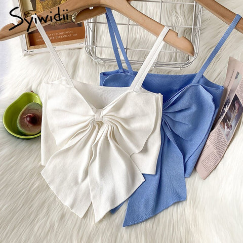 Syiwidii Knitted Bow Camis Women Casual Sexy Crop Tops Screw Thread Solid White Tank Tops Summer 2022 Fashion New Short Clothing
