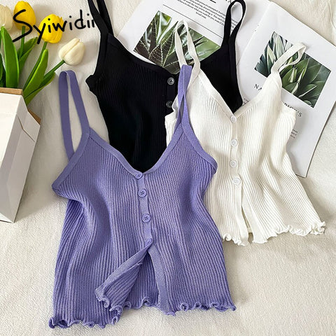 Syiwidii Knitted Button Up Camis Women V-Neck Screw Thread Edible Tree Fungus Casual Tank Tops Summer 2022 Fashion New Clothing